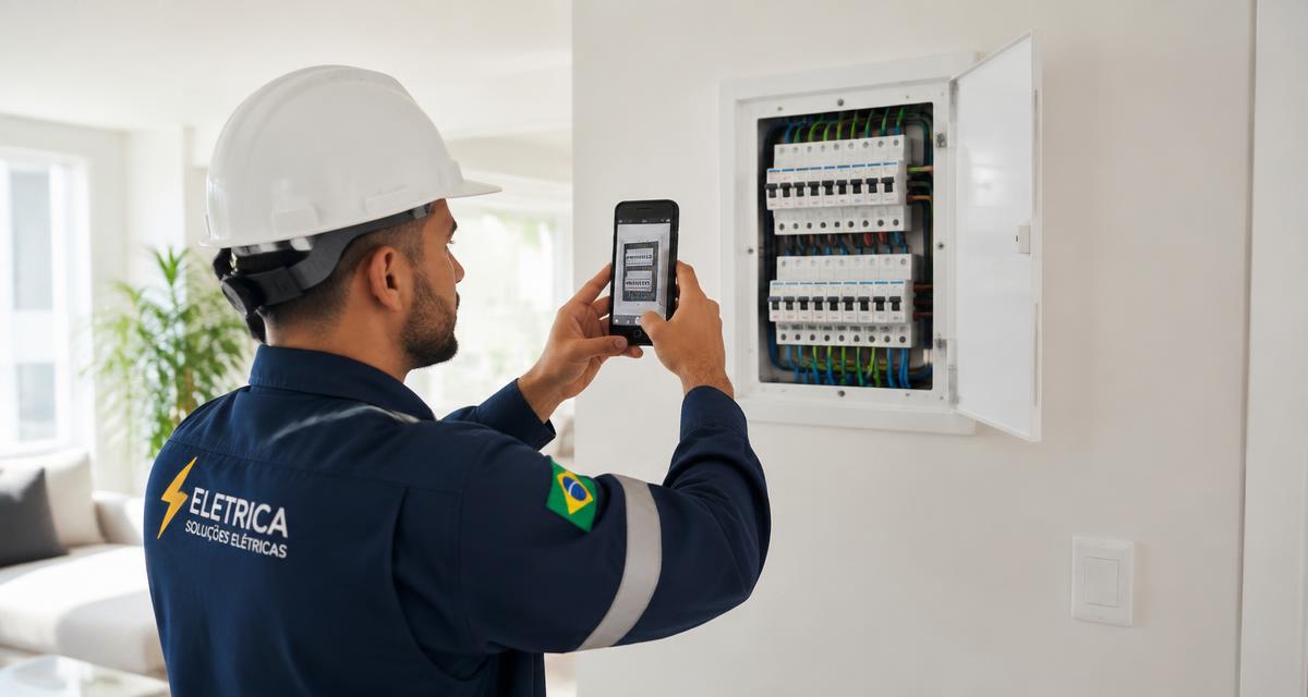 Eletricista fotografando quadro de energia finalizado com o celular