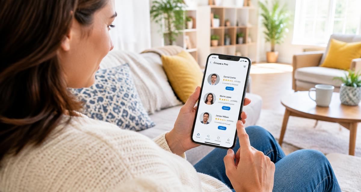 Pessoa escolhendo um profissional pelo celular no sofá de casa