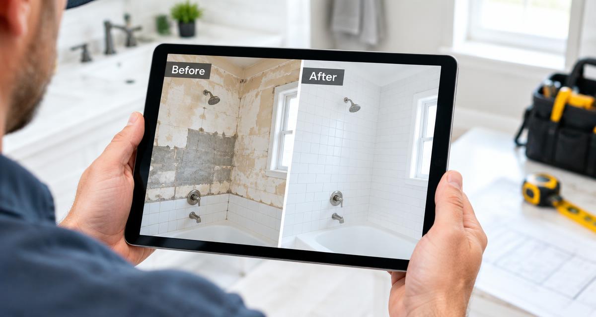 Profissional mostrando fotos de antes e depois de uma reforma em um tablet