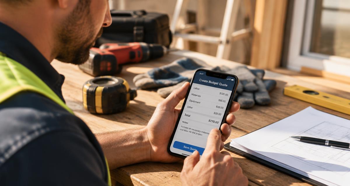 Profissional montando um orçamento no celular sobre uma mesa com ferramentas