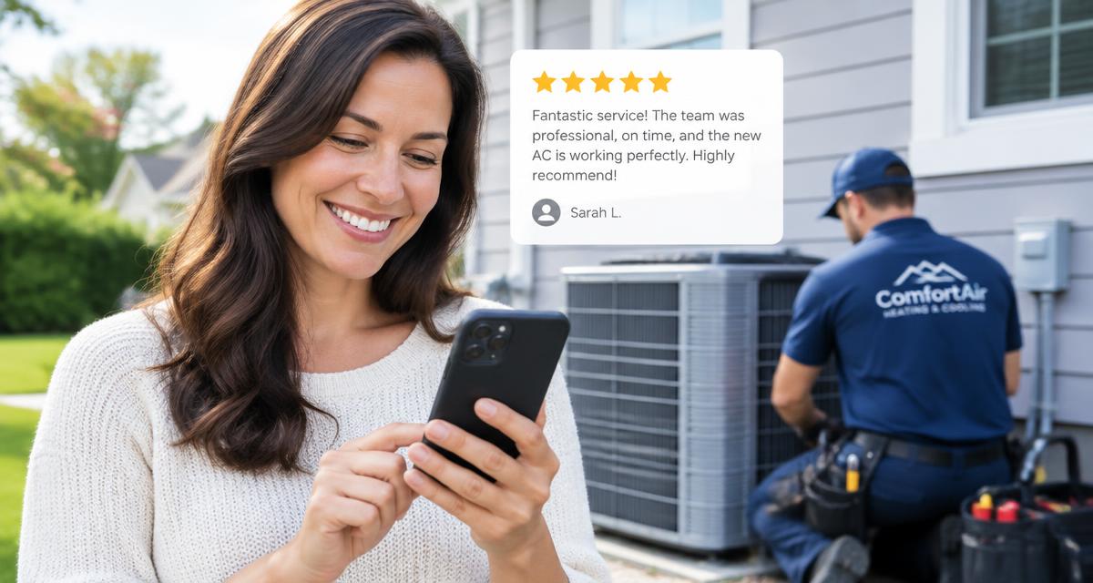 Cliente deixando avaliação cinco estrelas no celular após instalação de ar-condicionado