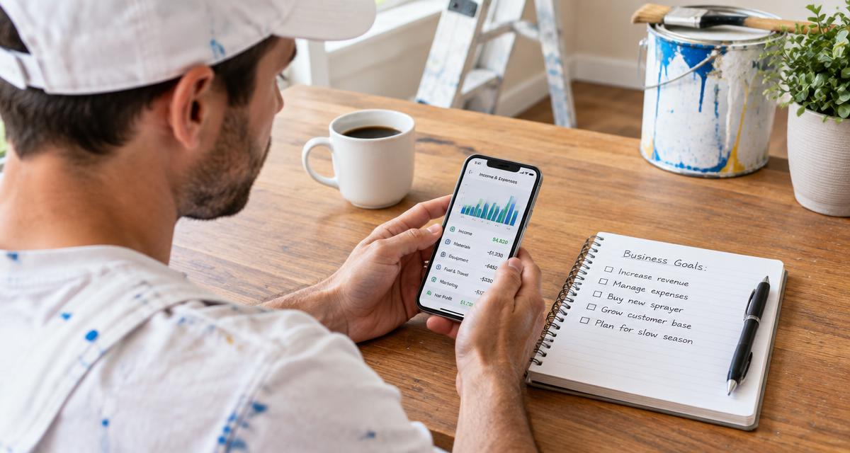 Pintor analisando gráfico de receitas e despesas no celular