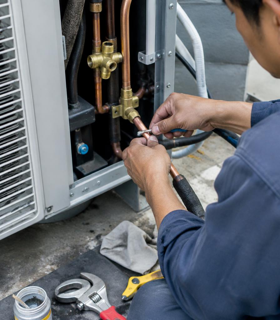 Técnico trocando tubulação de ar-condicionado